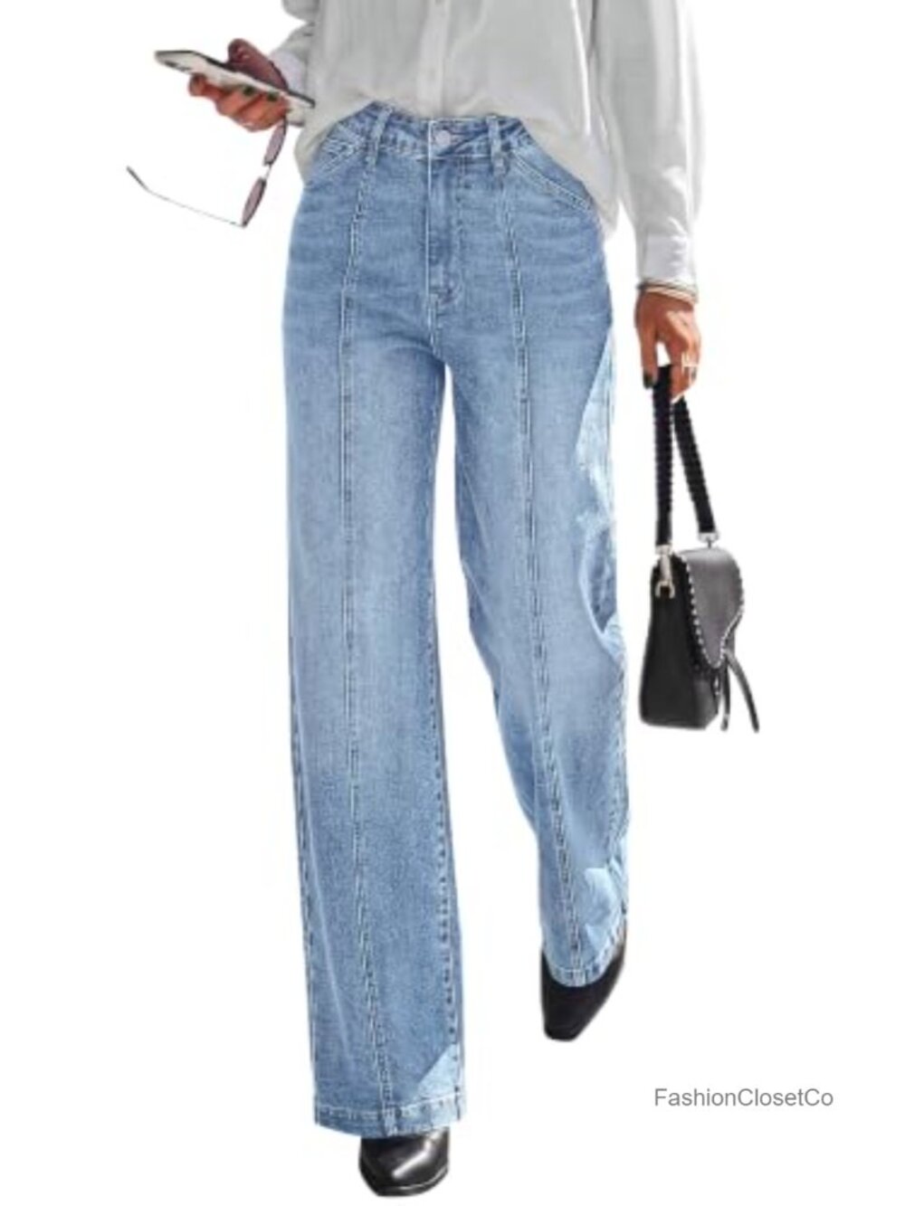 Stretchy Wide Straight Leg Jeans for Women High Waisted Front Seam